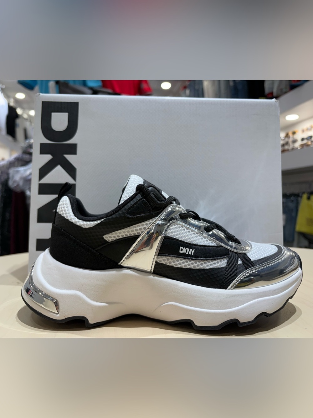 DKNY Black, White & Silver Platform Trainer